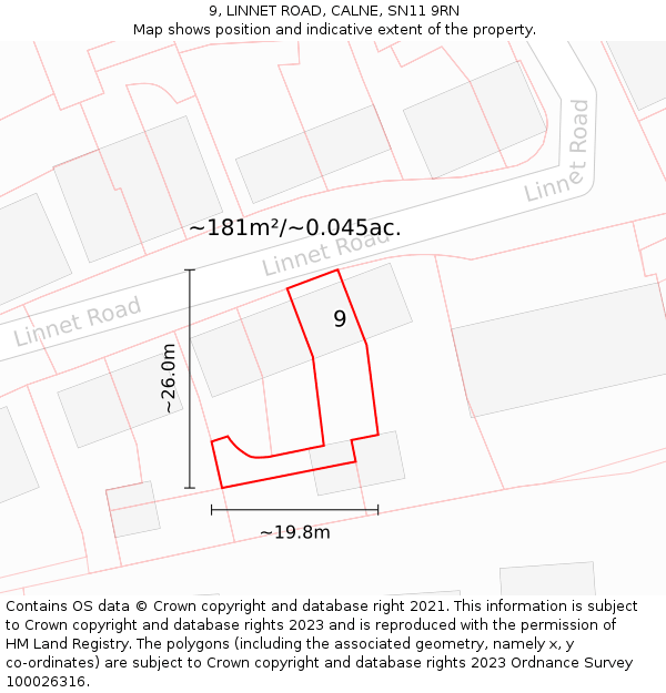 9, LINNET ROAD, CALNE, SN11 9RN: Plot and title map