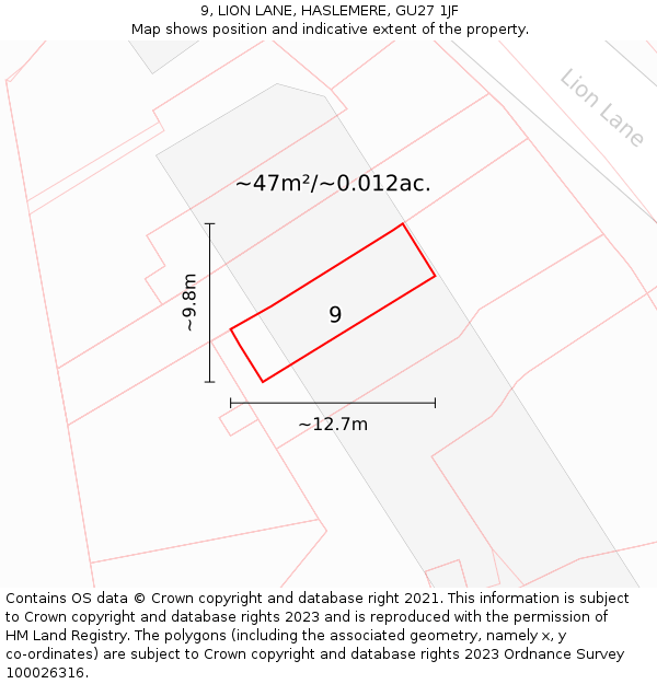 9, LION LANE, HASLEMERE, GU27 1JF: Plot and title map
