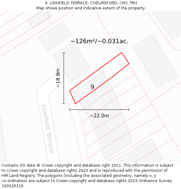 9, LIONFIELD TERRACE, CHELMSFORD, CM1 7RH: Plot and title map