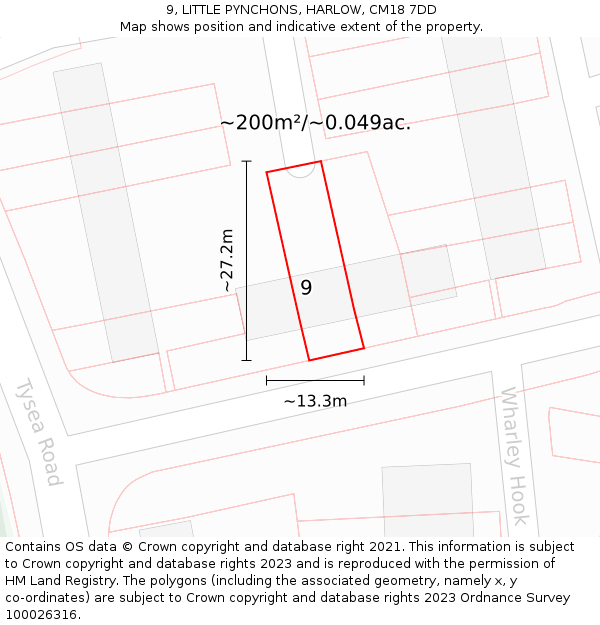 9, LITTLE PYNCHONS, HARLOW, CM18 7DD: Plot and title map