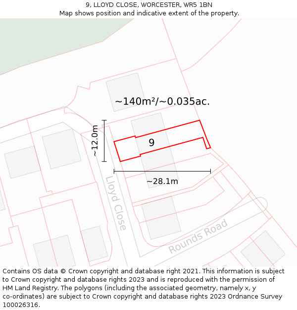 9, LLOYD CLOSE, WORCESTER, WR5 1BN: Plot and title map