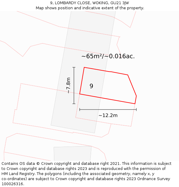9, LOMBARDY CLOSE, WOKING, GU21 3JW: Plot and title map