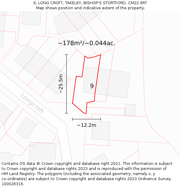 9, LONG CROFT, TAKELEY, BISHOP'S STORTFORD, CM22 6RT: Plot and title map