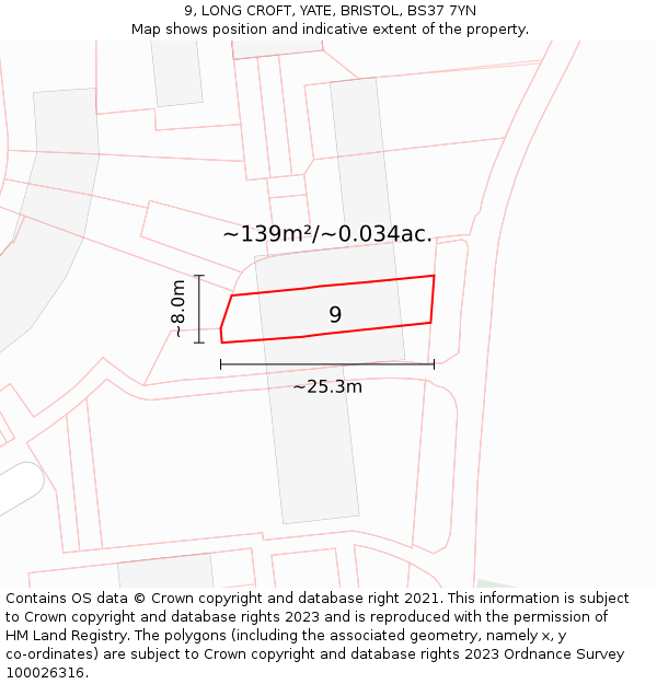 9, LONG CROFT, YATE, BRISTOL, BS37 7YN: Plot and title map