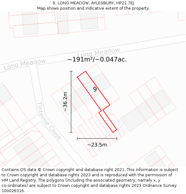 9, LONG MEADOW, AYLESBURY, HP21 7EJ: Plot and title map