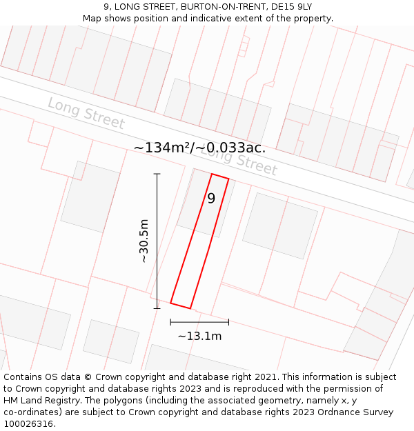 9, LONG STREET, BURTON-ON-TRENT, DE15 9LY: Plot and title map