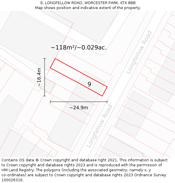 9, LONGFELLOW ROAD, WORCESTER PARK, KT4 8BB: Plot and title map