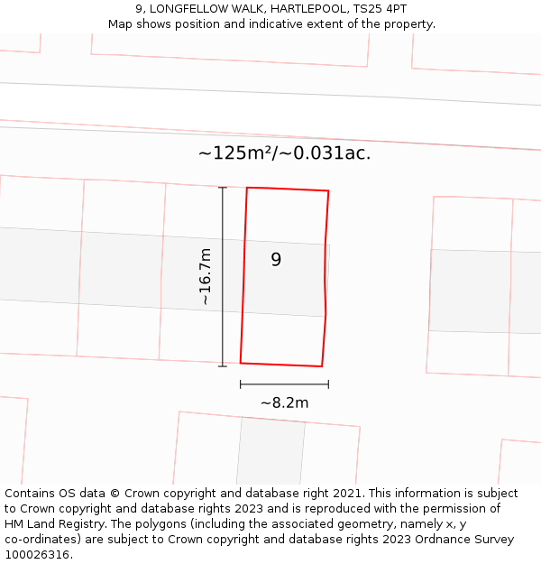 9, LONGFELLOW WALK, HARTLEPOOL, TS25 4PT: Plot and title map