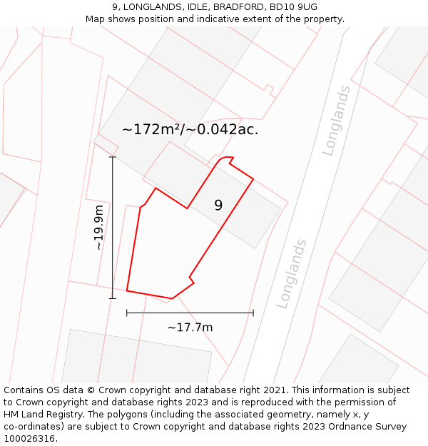 9, LONGLANDS, IDLE, BRADFORD, BD10 9UG: Plot and title map