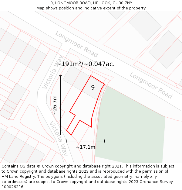 9, LONGMOOR ROAD, LIPHOOK, GU30 7NY: Plot and title map