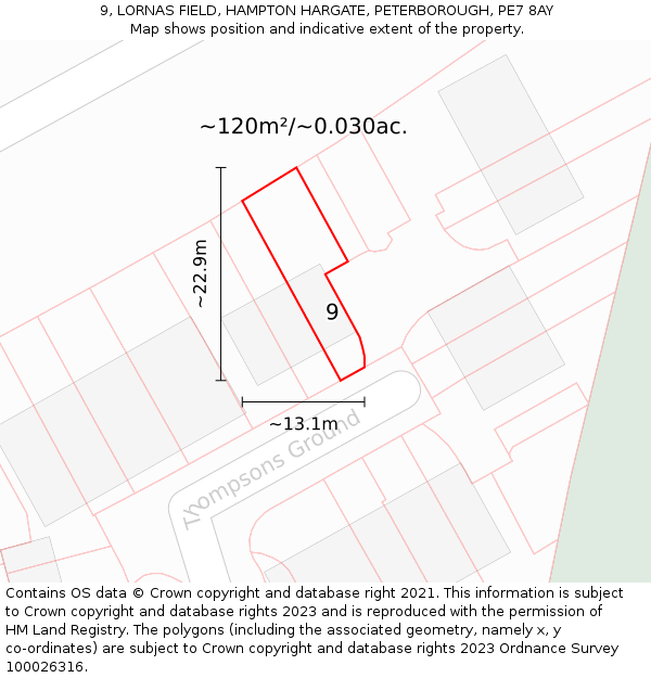 9, LORNAS FIELD, HAMPTON HARGATE, PETERBOROUGH, PE7 8AY: Plot and title map