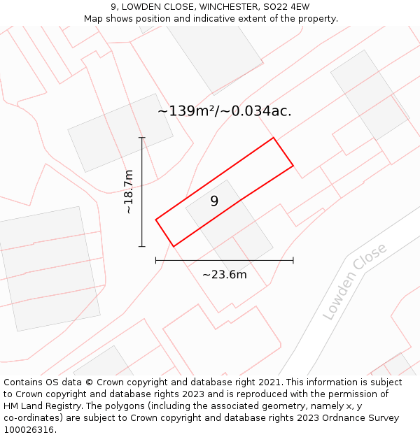 9, LOWDEN CLOSE, WINCHESTER, SO22 4EW: Plot and title map