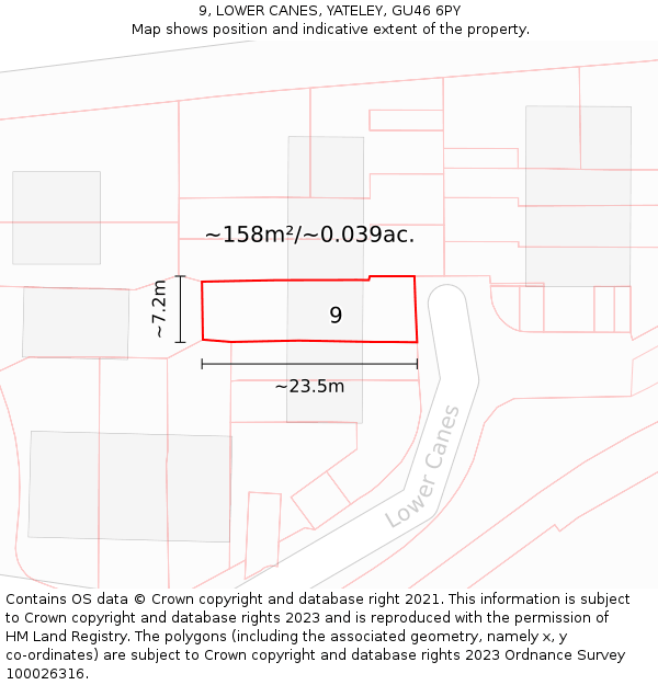 9, LOWER CANES, YATELEY, GU46 6PY: Plot and title map