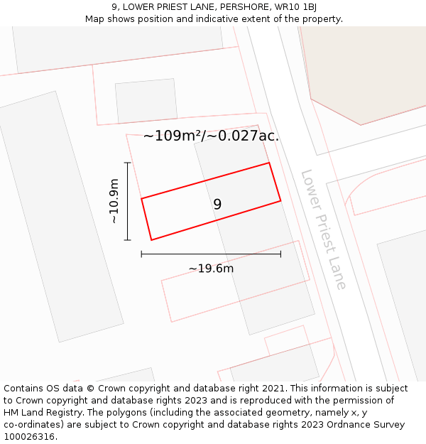 9, LOWER PRIEST LANE, PERSHORE, WR10 1BJ: Plot and title map
