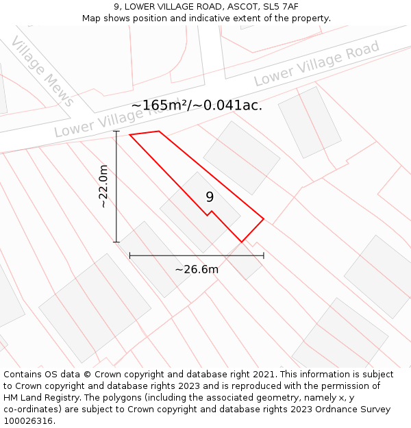 9, LOWER VILLAGE ROAD, ASCOT, SL5 7AF: Plot and title map