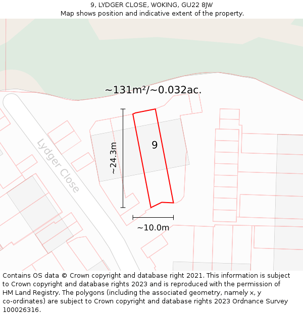 9, LYDGER CLOSE, WOKING, GU22 8JW: Plot and title map