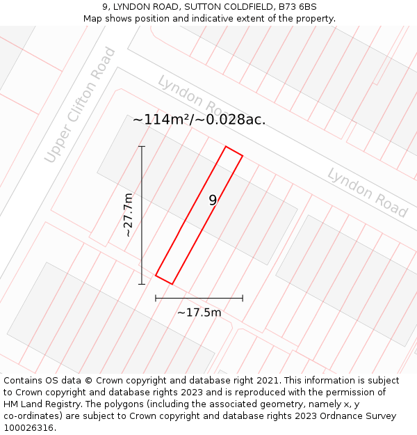 9, LYNDON ROAD, SUTTON COLDFIELD, B73 6BS: Plot and title map