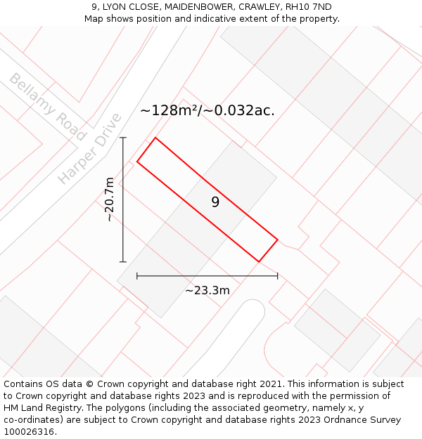 9, LYON CLOSE, MAIDENBOWER, CRAWLEY, RH10 7ND: Plot and title map