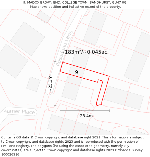 9, MADOX BROWN END, COLLEGE TOWN, SANDHURST, GU47 0GJ: Plot and title map