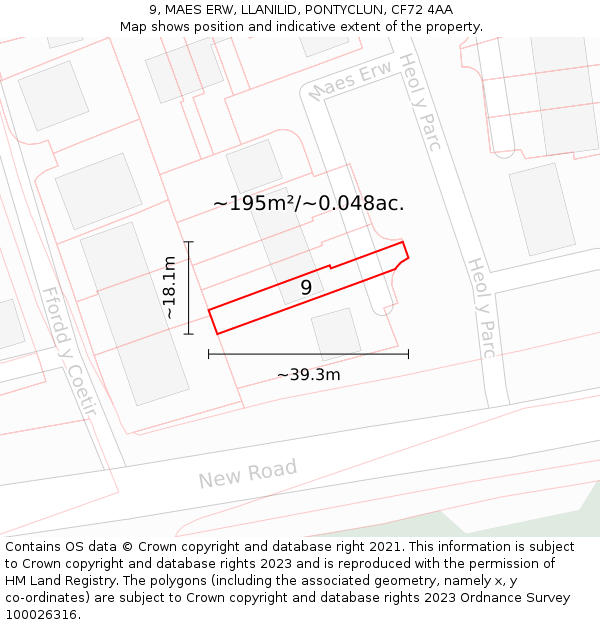 9, MAES ERW, LLANILID, PONTYCLUN, CF72 4AA: Plot and title map