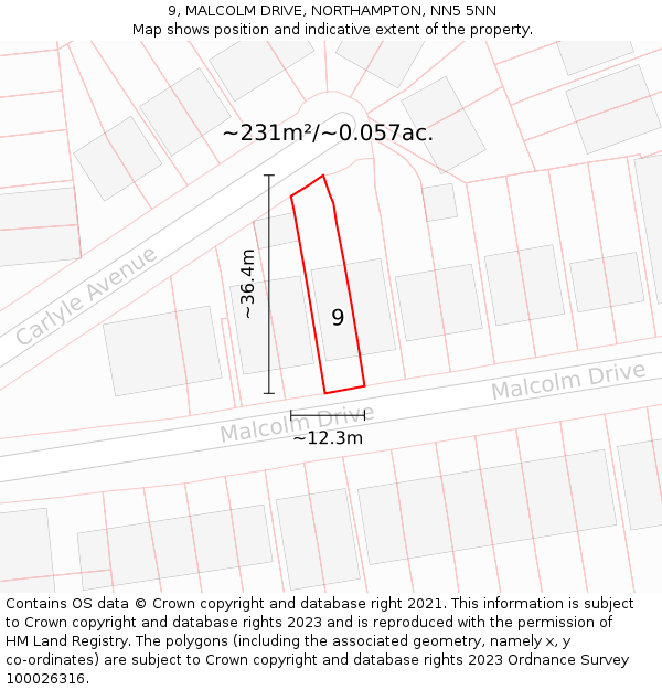 9, MALCOLM DRIVE, NORTHAMPTON, NN5 5NN: Plot and title map