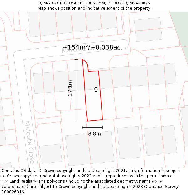9, MALCOTE CLOSE, BIDDENHAM, BEDFORD, MK40 4QA: Plot and title map