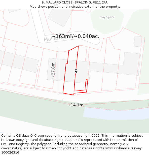 9, MALLARD CLOSE, SPALDING, PE11 2FA: Plot and title map