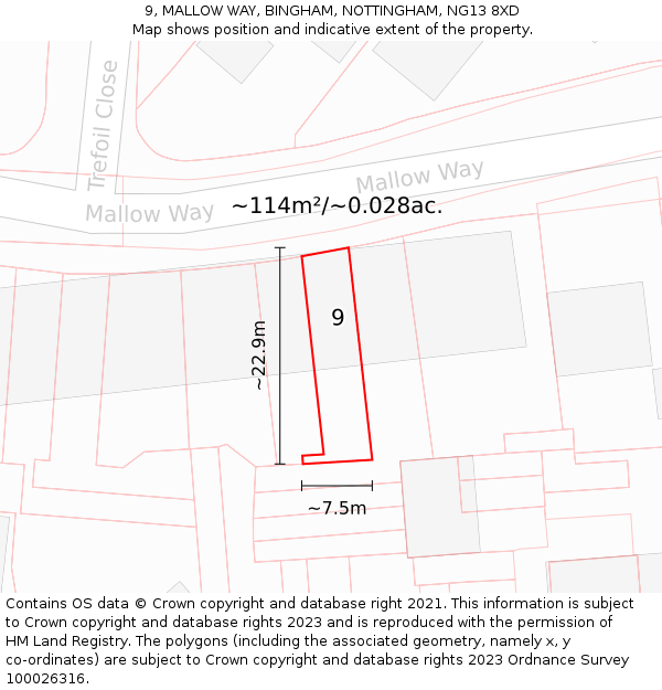 9, MALLOW WAY, BINGHAM, NOTTINGHAM, NG13 8XD: Plot and title map