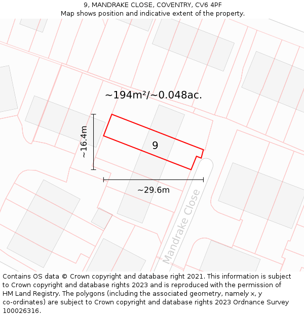 9, MANDRAKE CLOSE, COVENTRY, CV6 4PF: Plot and title map