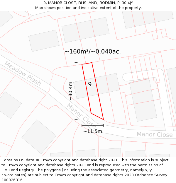 9, MANOR CLOSE, BLISLAND, BODMIN, PL30 4JY: Plot and title map