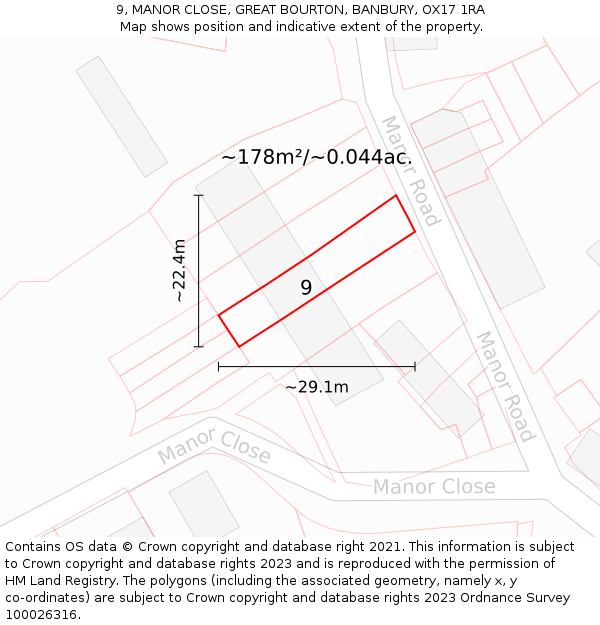9, MANOR CLOSE, GREAT BOURTON, BANBURY, OX17 1RA: Plot and title map