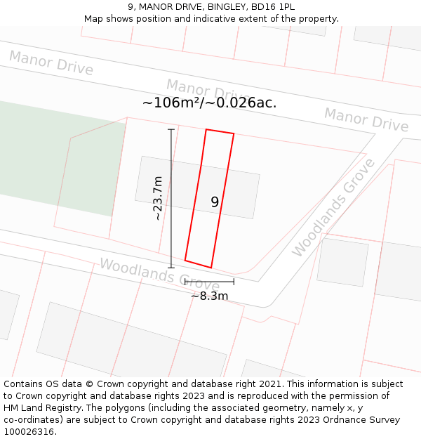 9, MANOR DRIVE, BINGLEY, BD16 1PL: Plot and title map