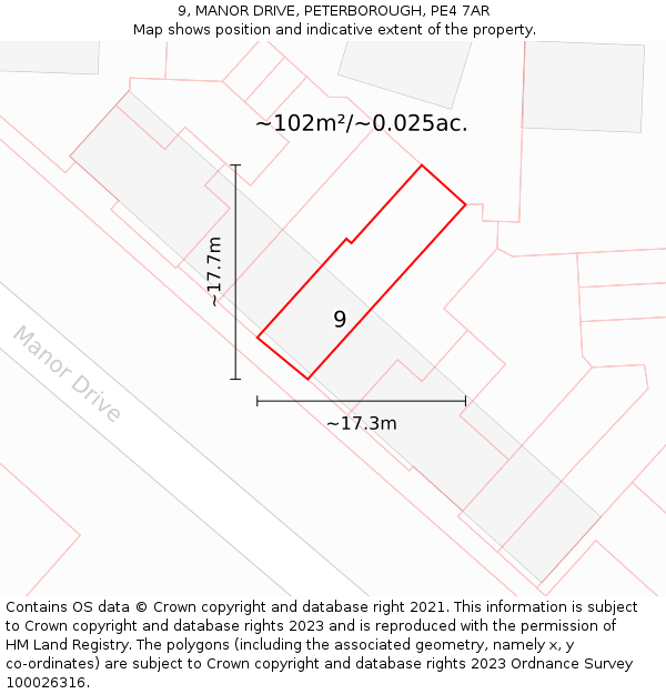 9, MANOR DRIVE, PETERBOROUGH, PE4 7AR: Plot and title map