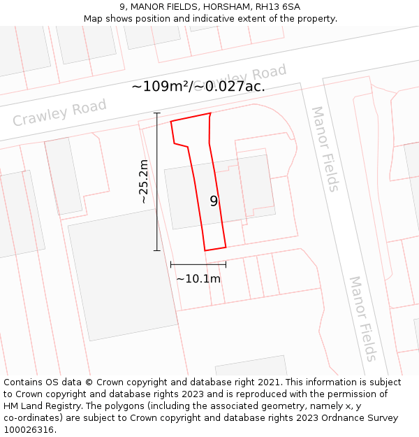 9, MANOR FIELDS, HORSHAM, RH13 6SA: Plot and title map