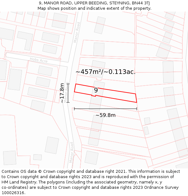 9, MANOR ROAD, UPPER BEEDING, STEYNING, BN44 3TJ: Plot and title map
