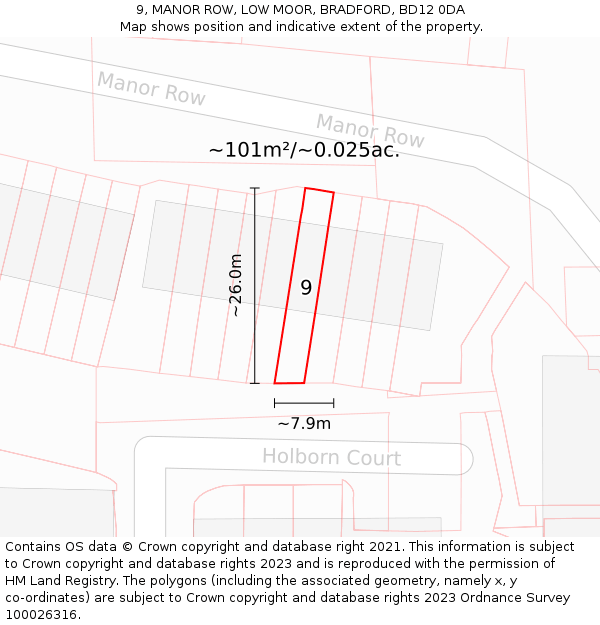 9, MANOR ROW, LOW MOOR, BRADFORD, BD12 0DA: Plot and title map