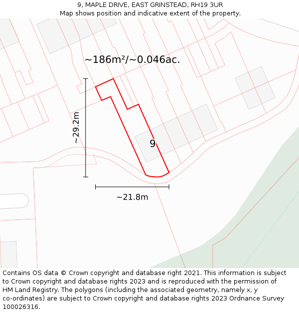 9, MAPLE DRIVE, EAST GRINSTEAD, RH19 3UR: Plot and title map
