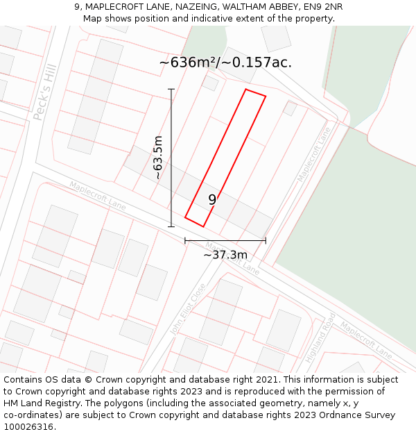 9, MAPLECROFT LANE, NAZEING, WALTHAM ABBEY, EN9 2NR: Plot and title map