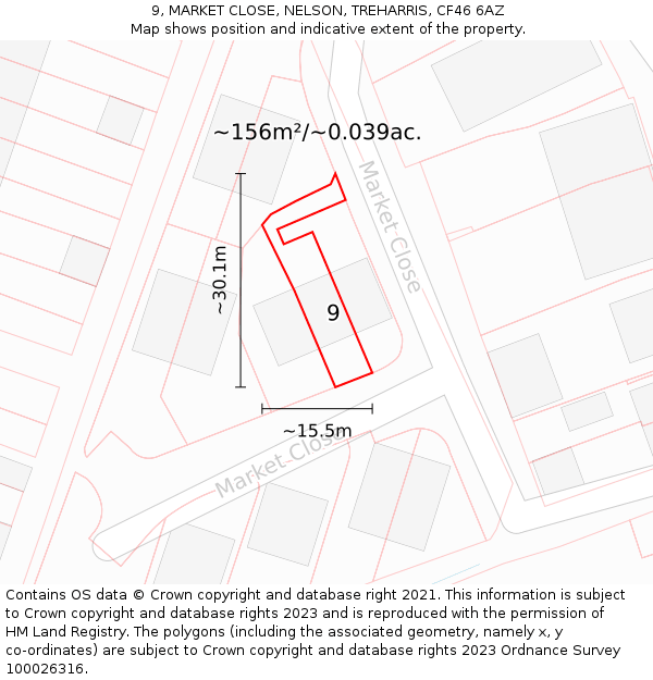 9, MARKET CLOSE, NELSON, TREHARRIS, CF46 6AZ: Plot and title map