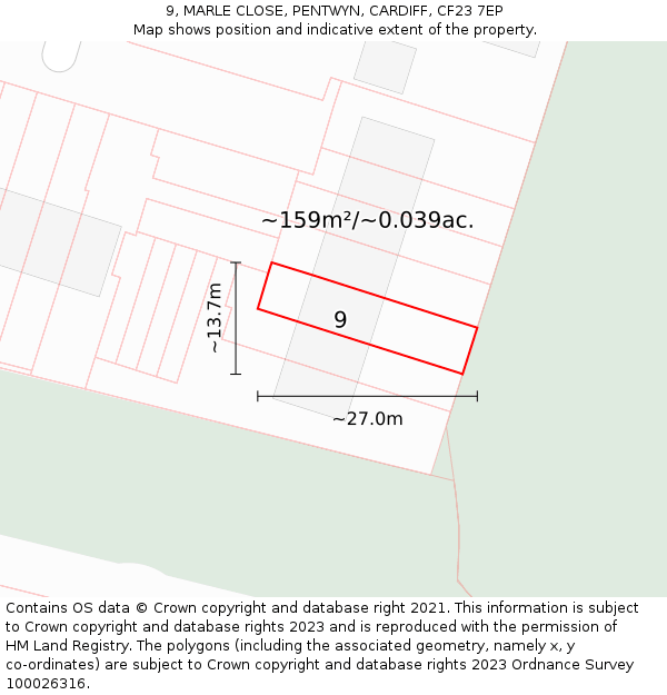 9, MARLE CLOSE, PENTWYN, CARDIFF, CF23 7EP: Plot and title map