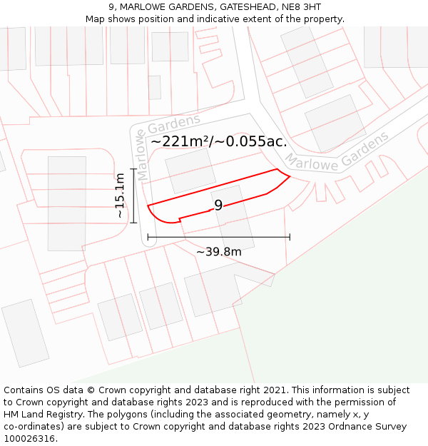 9, MARLOWE GARDENS, GATESHEAD, NE8 3HT: Plot and title map