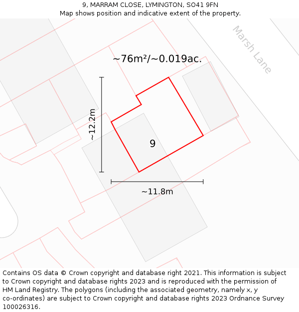 9, MARRAM CLOSE, LYMINGTON, SO41 9FN: Plot and title map