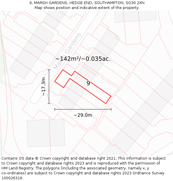 9, MARSH GARDENS, HEDGE END, SOUTHAMPTON, SO30 2XN: Plot and title map