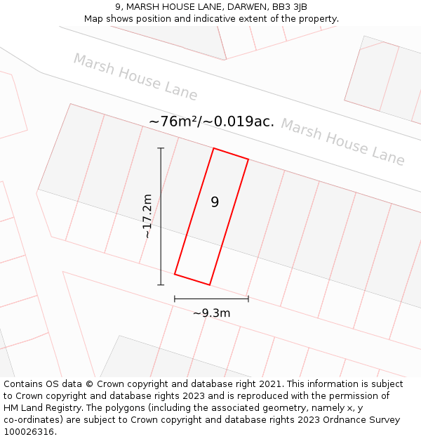 9, MARSH HOUSE LANE, DARWEN, BB3 3JB: Plot and title map