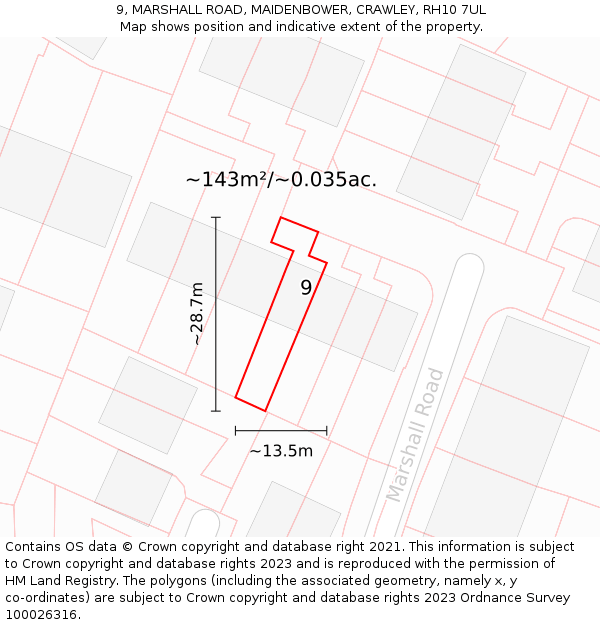9, MARSHALL ROAD, MAIDENBOWER, CRAWLEY, RH10 7UL: Plot and title map