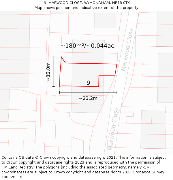 9, MARWOOD CLOSE, WYMONDHAM, NR18 0TX: Plot and title map