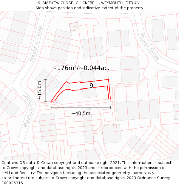 9, MASKEW CLOSE, CHICKERELL, WEYMOUTH, DT3 4NL: Plot and title map