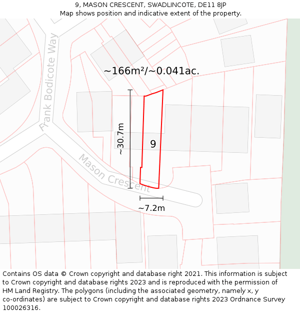 9, MASON CRESCENT, SWADLINCOTE, DE11 8JP: Plot and title map
