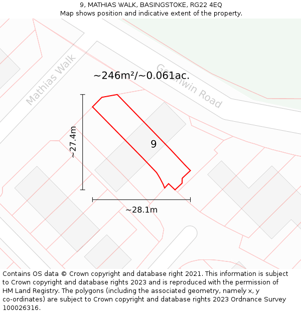 9, MATHIAS WALK, BASINGSTOKE, RG22 4EQ: Plot and title map