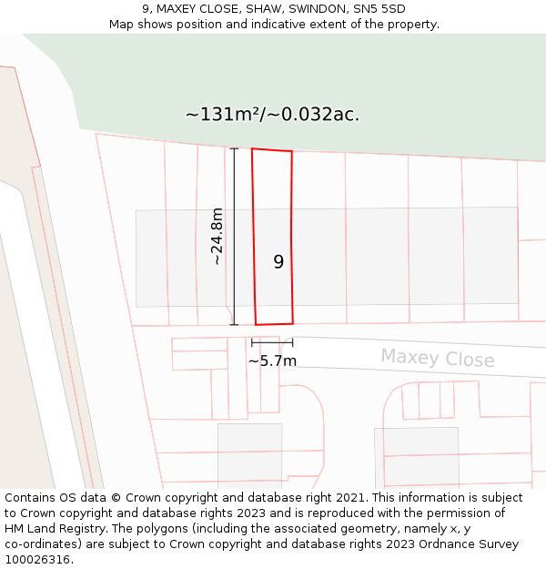 9, MAXEY CLOSE, SHAW, SWINDON, SN5 5SD: Plot and title map